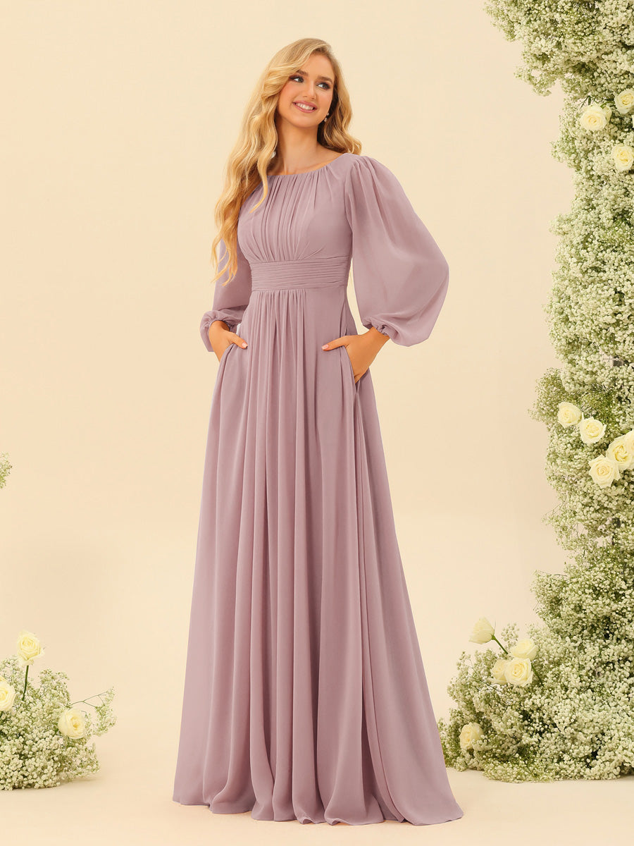 A-Line/Princess Floor-Length Long Sleeves Bridesmaid Dresses With Sash