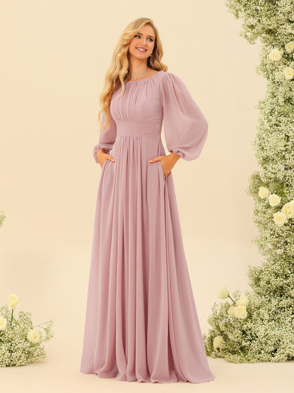 A-Line/Princess Floor-Length Long Sleeves Bridesmaid Dresses With Sash