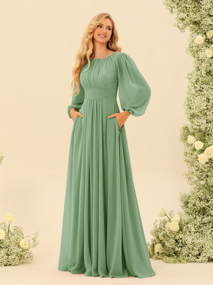 A-Line/Princess Floor-Length Long Sleeves Bridesmaid Dresses With Sash