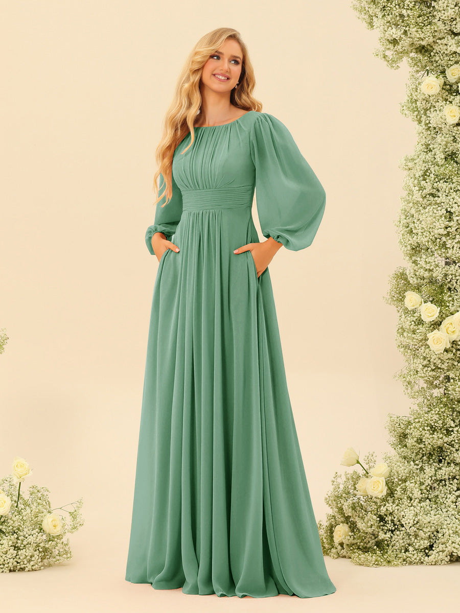 A-Line/Princess Floor-Length Long Sleeves Bridesmaid Dresses With Sash