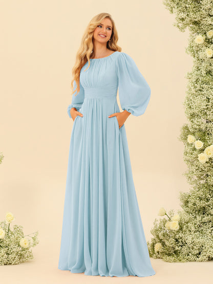 A-Line/Princess Floor-Length Long Sleeves Bridesmaid Dresses With Sash