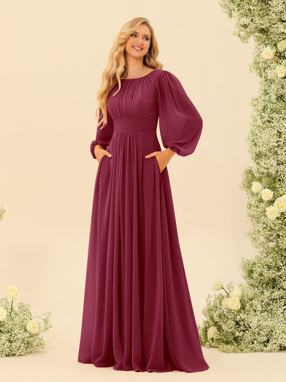 A-Line/Princess Floor-Length Long Sleeves Bridesmaid Dresses With Sash