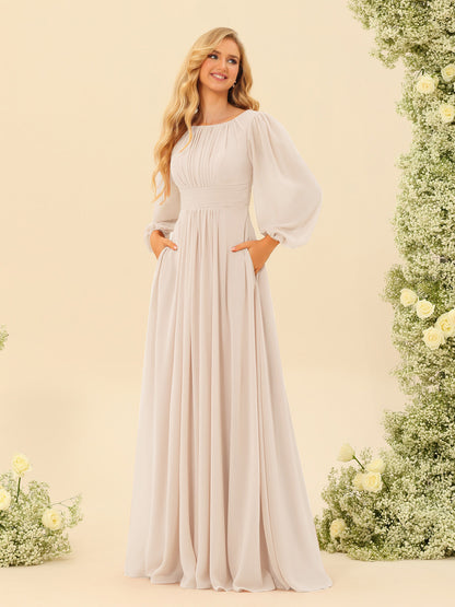 A-Line/Princess Floor-Length Long Sleeves Bridesmaid Dresses With Sash