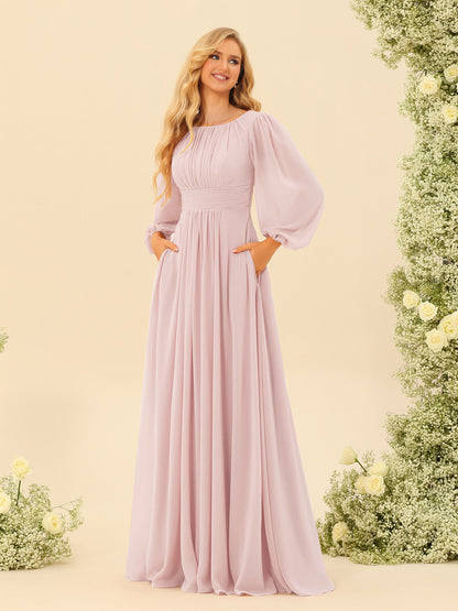 A-Line/Princess Floor-Length Long Sleeves Bridesmaid Dresses With Sash