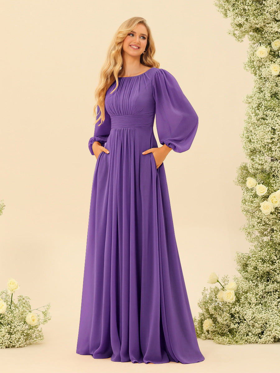 A-Line/Princess Floor-Length Long Sleeves Bridesmaid Dresses With Sash