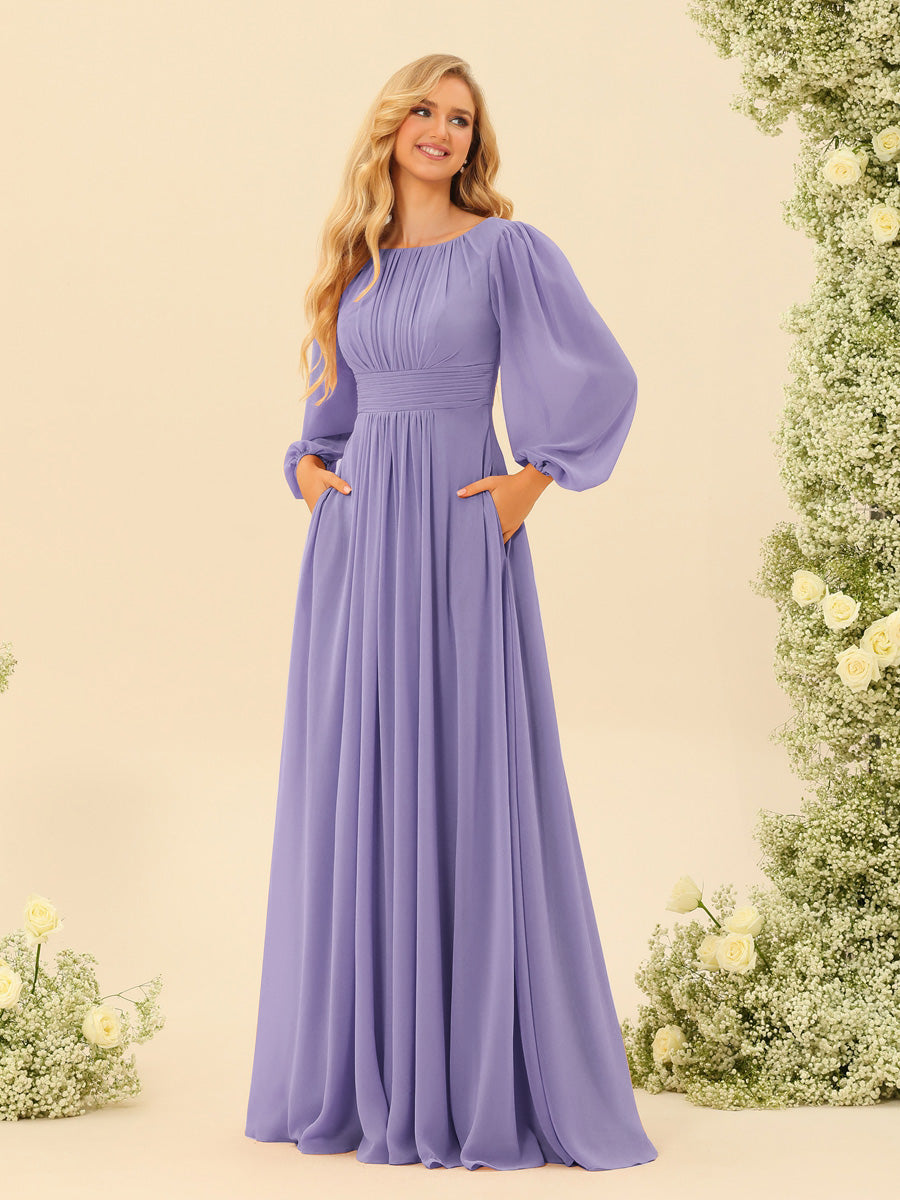 A-Line/Princess Floor-Length Long Sleeves Bridesmaid Dresses With Sash