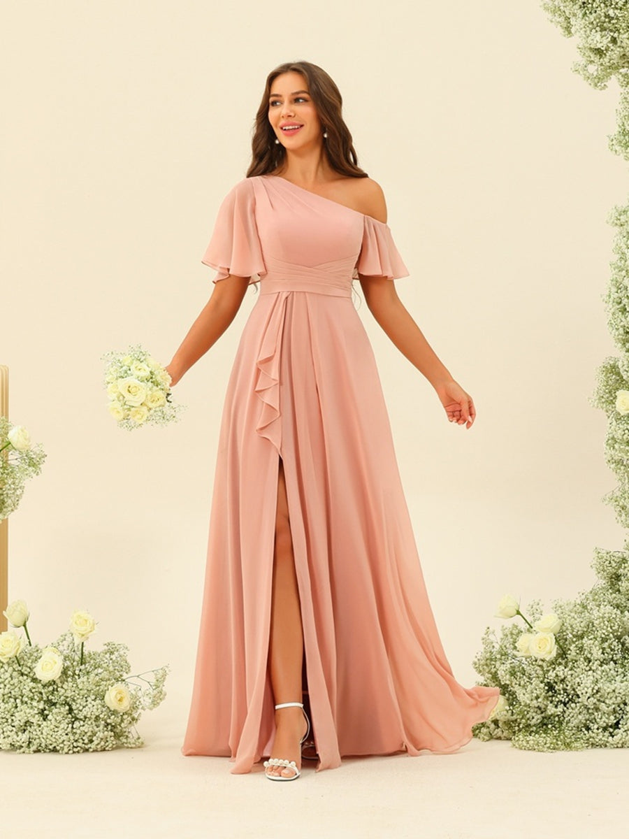 A-Line/Princess One-Shoulder Floor-Length Split Side Bridesmaid Dresses