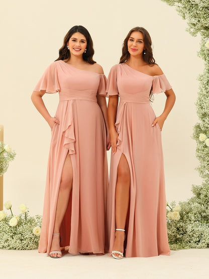 A-Line/Princess One-Shoulder Floor-Length Split Side Bridesmaid Dresses