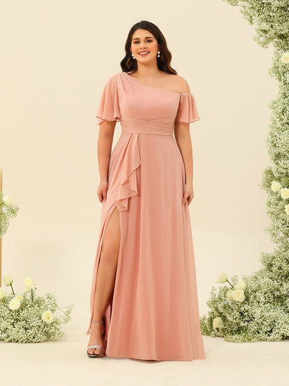 A-Line/Princess One-Shoulder Floor-Length Split Side Plus Size Bridesmaid Dresses