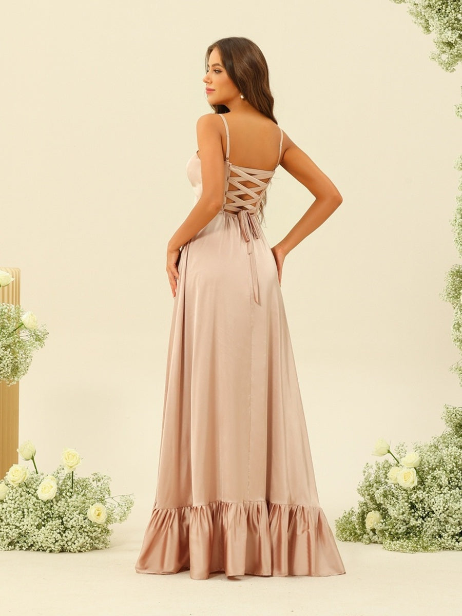 A-Line/Princess Spaghetti Straps Lace-Up Split Side Bridesmaid Dresses