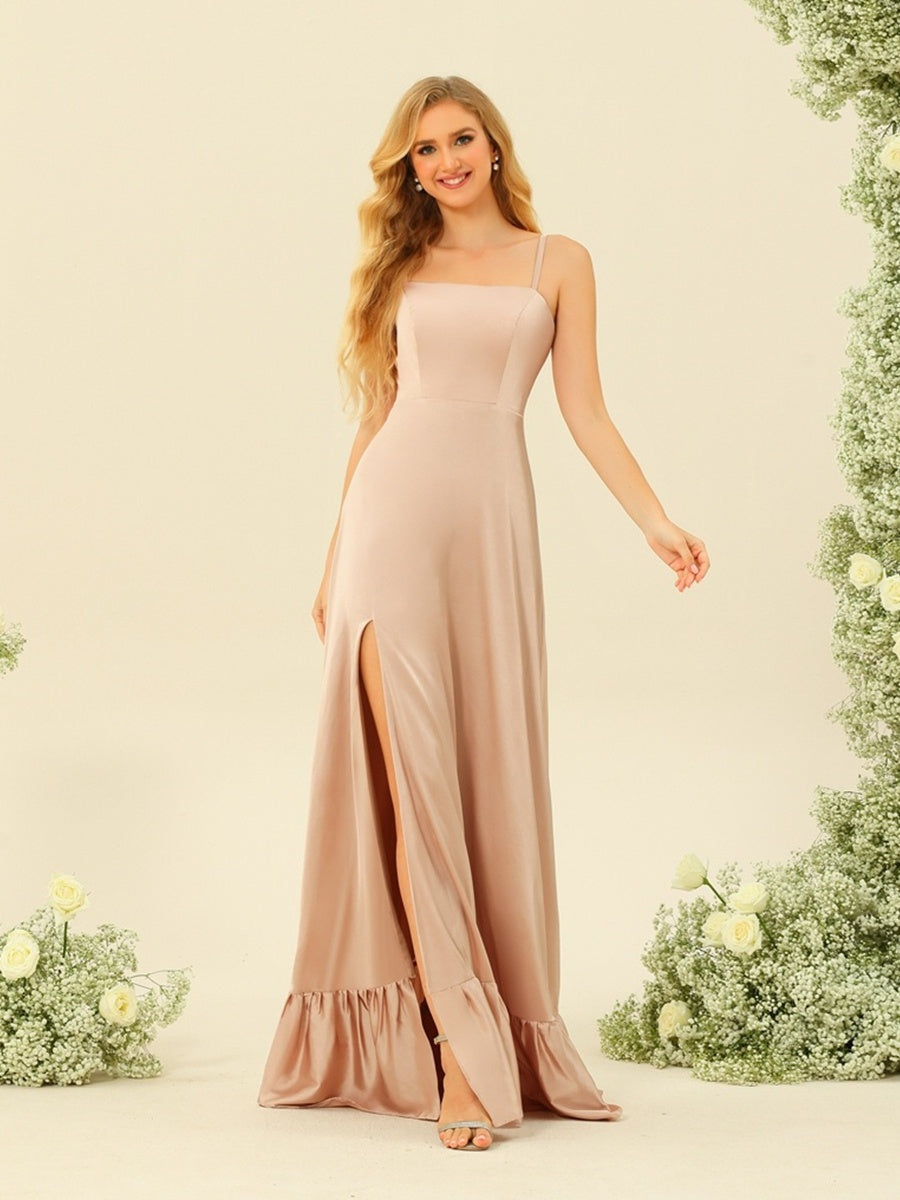 A-Line/Princess Spaghetti Straps Lace-Up Split Side Bridesmaid Dresses