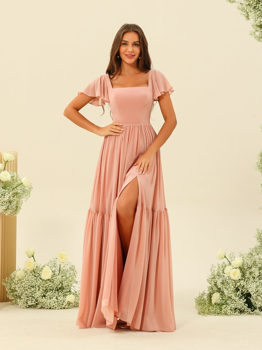 A-Line/Princess Ruffles Floor-Length Short Sleeves Bridesmaid Dresses