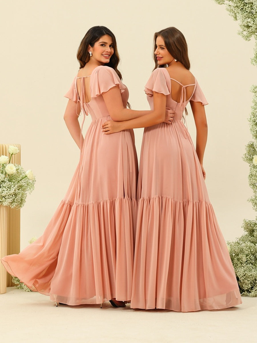 A-Line/Princess Ruffles Floor-Length Short Sleeves Bridesmaid Dresses