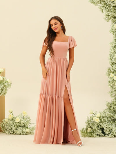 A-Line/Princess Ruffles Floor-Length Short Sleeves Bridesmaid Dresses