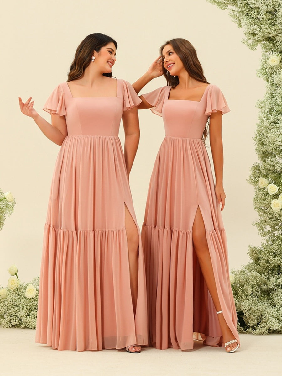 A-Line/Princess Ruffles Floor-Length Short Sleeves Bridesmaid Dresses