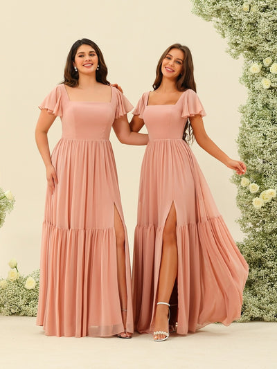 A-Line/Princess Ruffles Floor-Length Short Sleeves Bridesmaid Dresses