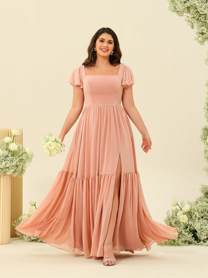 A-Line/Princess Ruffles Floor-Length Short Sleeves Plus Size Bridesmaid Dresses