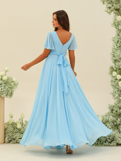 A-Line/Princess Ruffles V-Neck Short Sleeves Bridesmaid Dresses With Bowknot