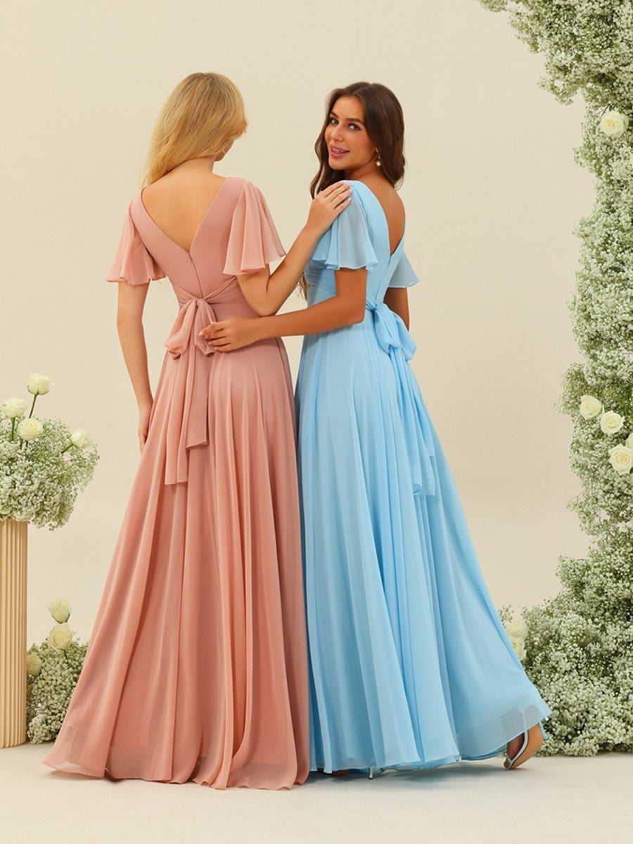 A-Line/Princess Ruffles V-Neck Short Sleeves Bridesmaid Dresses With Bowknot