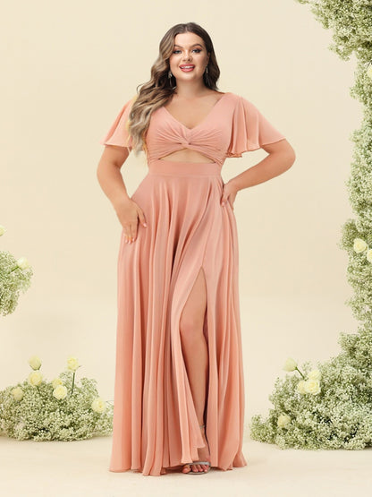 A-Line/Princess Ruffles V-Neck Short Sleeves Plus Size Bridesmaid Dresses With Bowknot