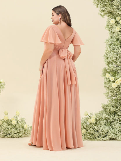 A-Line/Princess Ruffles V-Neck Short Sleeves Plus Size Bridesmaid Dresses With Bowknot