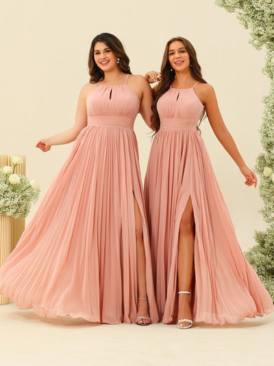 A-Line/Princess Halter Sleeveless Long Bridesmaid Dresses with Split Side & Ruffles