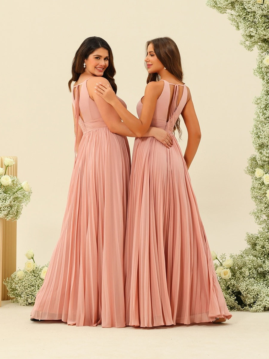 A-Line/Princess Halter Sleeveless Long Bridesmaid Dresses with Split Side & Ruffles