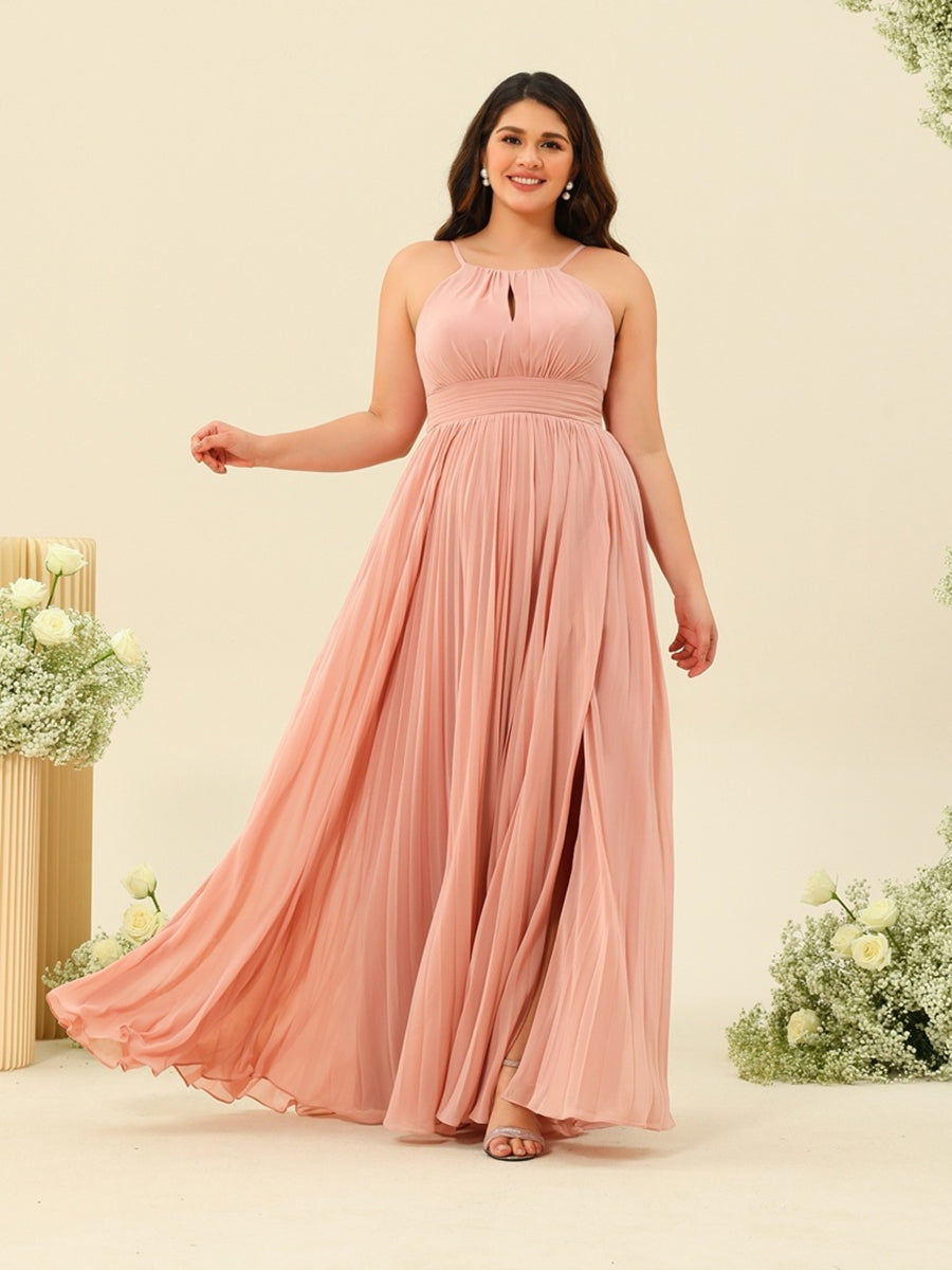 A-Line/Princess Halter Plus Size Long Bridesmaid Dresses with Split Side & Ruffles