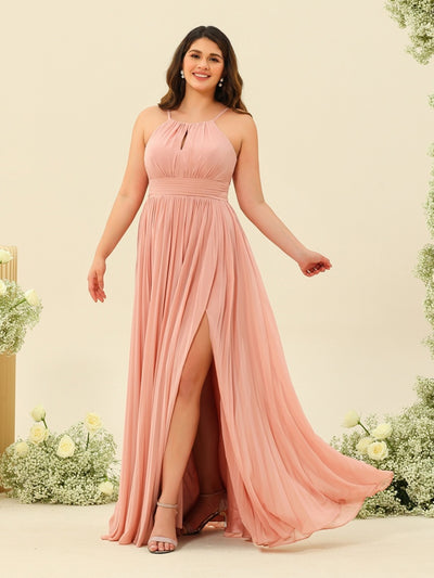 A-Line/Princess Halter Plus Size Long Bridesmaid Dresses with Split Side & Ruffles