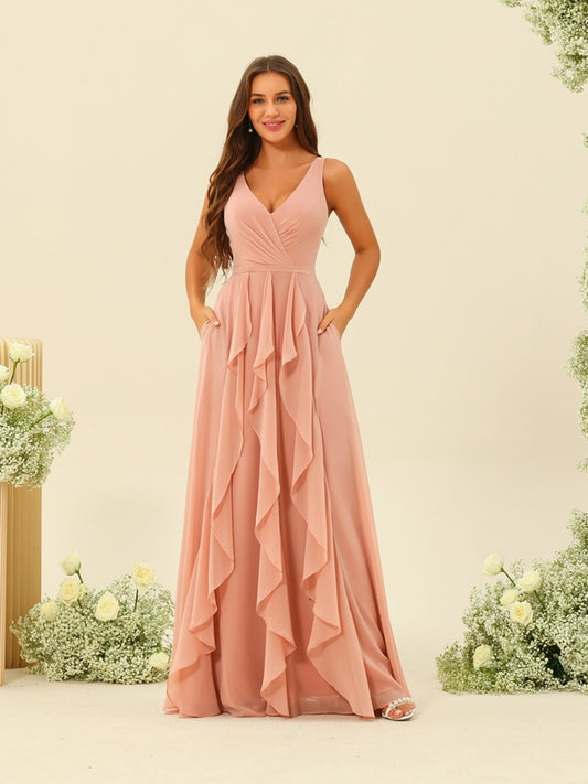 A-Line/Princess V-Neck Sleeveless Long Ruched Bridesmaid Dresses with Ruffles