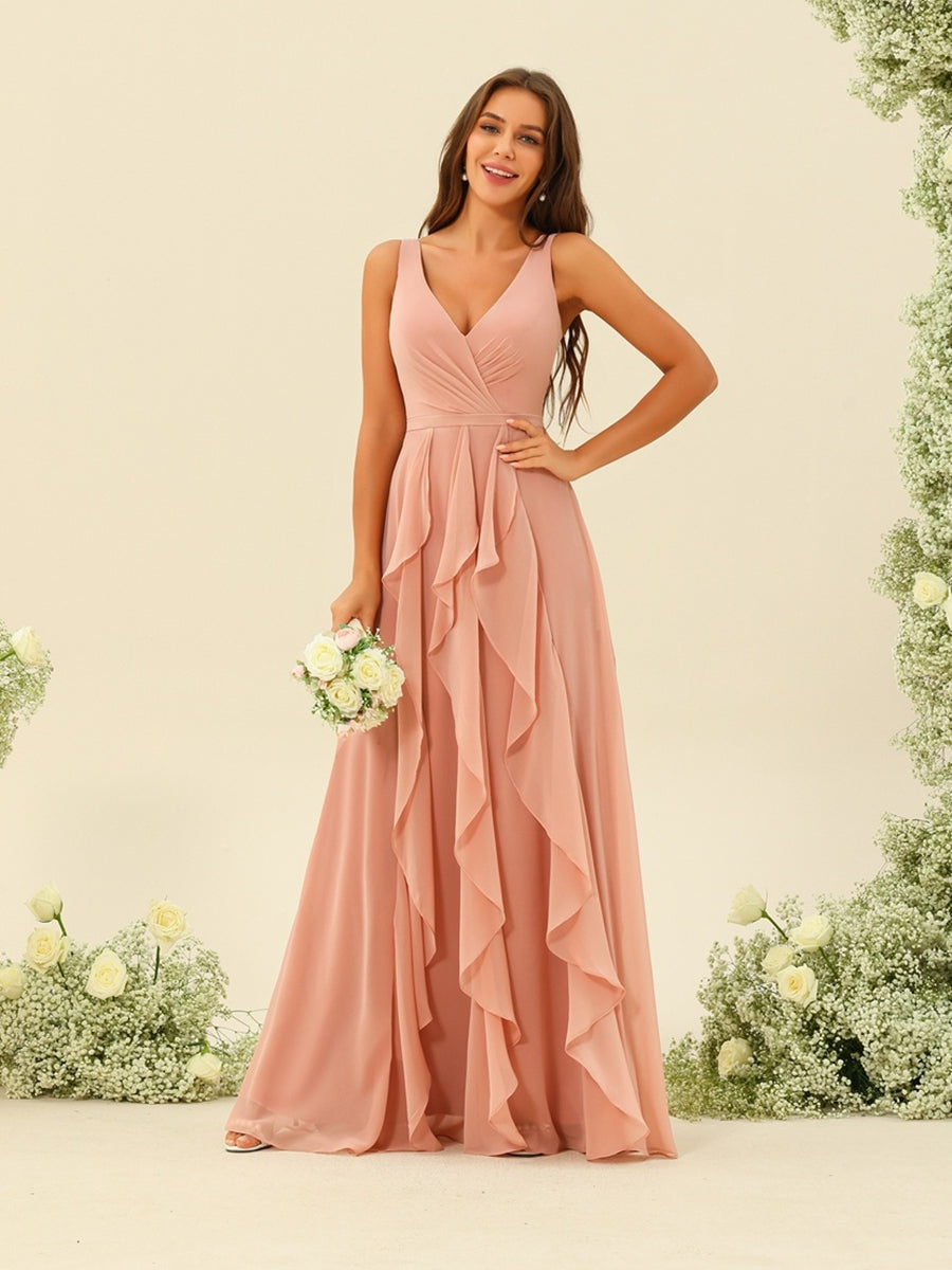 A-Line/Princess V-Neck Sleeveless Long Ruched Bridesmaid Dresses with Ruffles