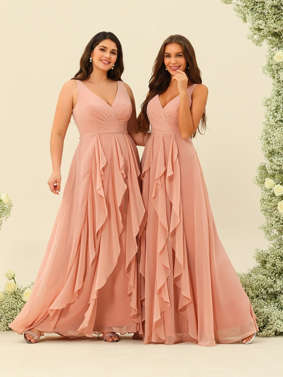 A-Line/Princess V-Neck Sleeveless Long Ruched Bridesmaid Dresses with Ruffles