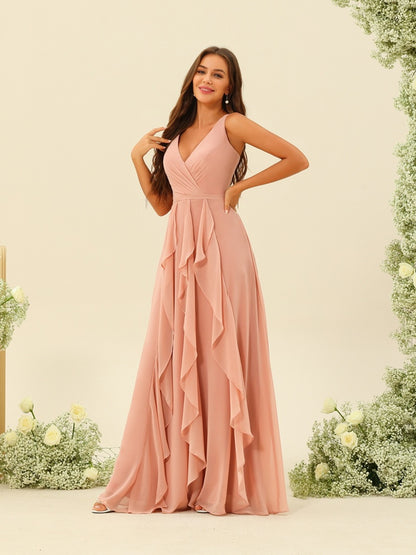 A-Line/Princess V-Neck Sleeveless Long Ruched Bridesmaid Dresses with Ruffles