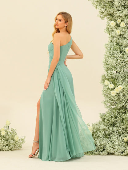 Sheath/Column One-Shoulder Long Ruched Bridesmaid Dresses with Ruffles & Split Side