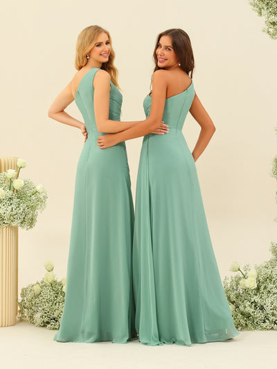 Sheath/Column One-Shoulder Long Ruched Bridesmaid Dresses with Ruffles & Split Side