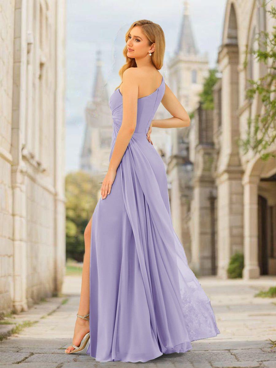 Sheath/Column One-Shoulder Long Ruched Bridesmaid Dresses with Ruffles & Split Side