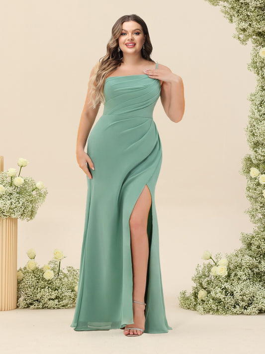 Sheath/Column One-Shoulder Long Ruched Plus Size Bridesmaid Dresses with Split Side