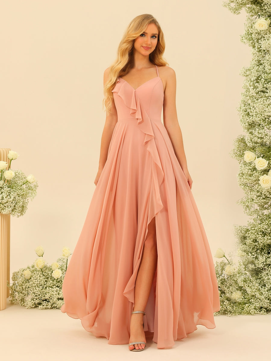 A-Line/Princess Spaghetti Straps V-Neck Long Bridesmaid Dresses with Split Side & Ruffles