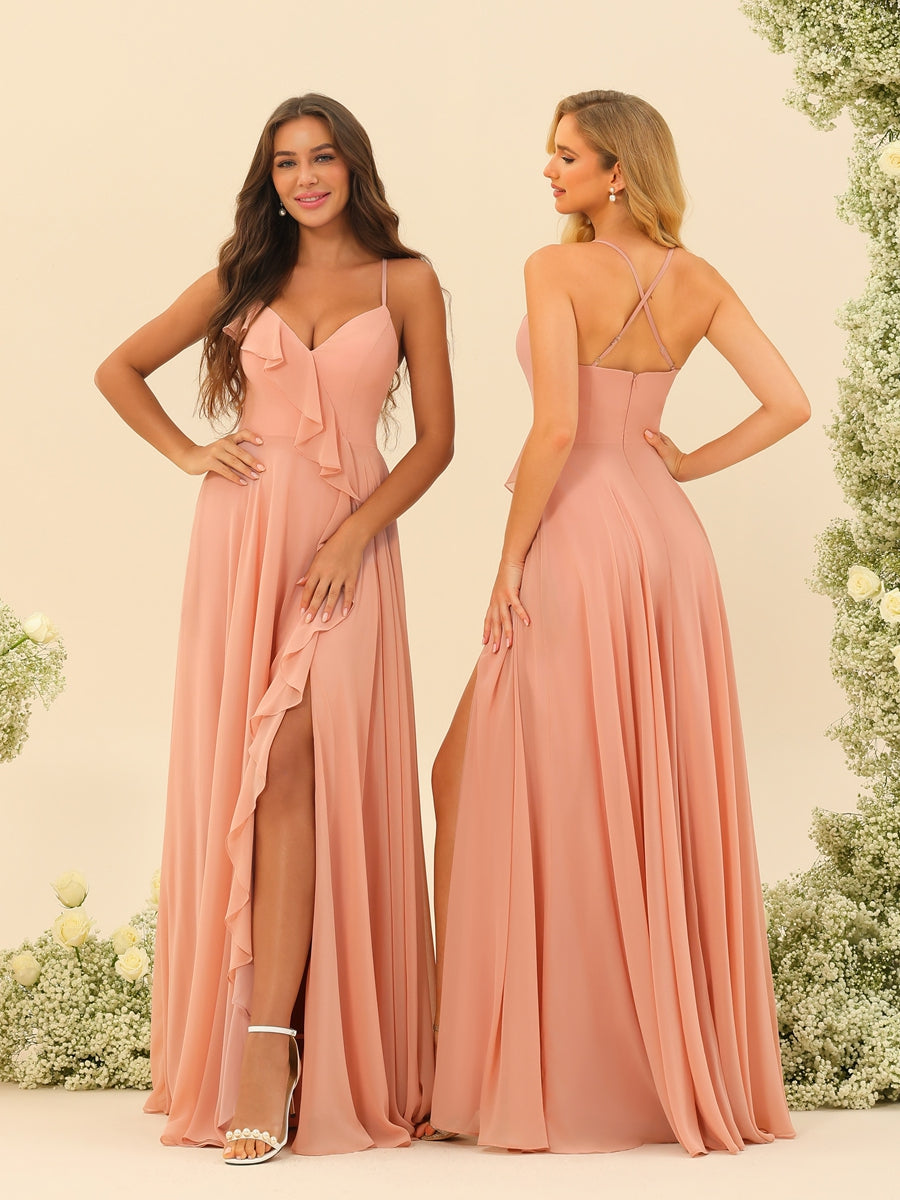 A-Line/Princess Spaghetti Straps V-Neck Long Bridesmaid Dresses with Split Side & Ruffles