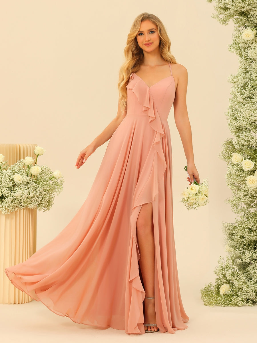 A-Line/Princess Spaghetti Straps V-Neck Long Bridesmaid Dresses with Split Side & Ruffles