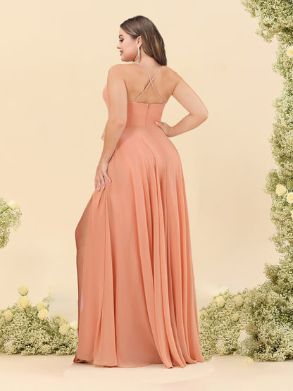 A-Line/Princess Spaghetti Straps V-Neck Long Plus Size Bridesmaid Dresses with Split Side & Ruffles