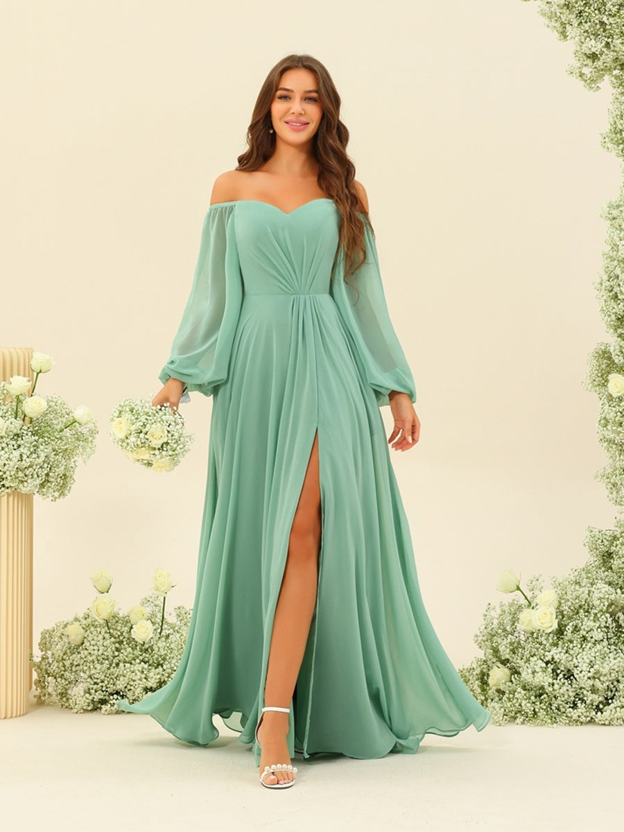 A-Line/Princess Sweetheart Floor-Length Long Bridesmaid Dresses with Split Side & Ruffles