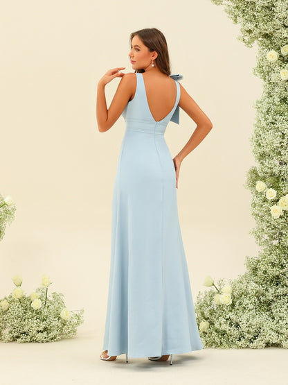 Sheath/Column V-Neck Sleeveless Floor-Length Long Bridesmaid Dresses with Bowknot