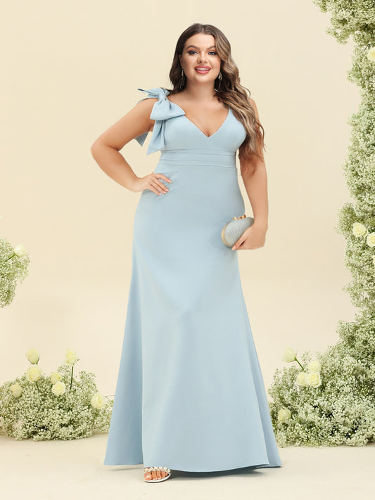 Sheath/Column V-Neck Sleeveless Floor-Length Long Plus Size Bridesmaid Dresses with Bowknot