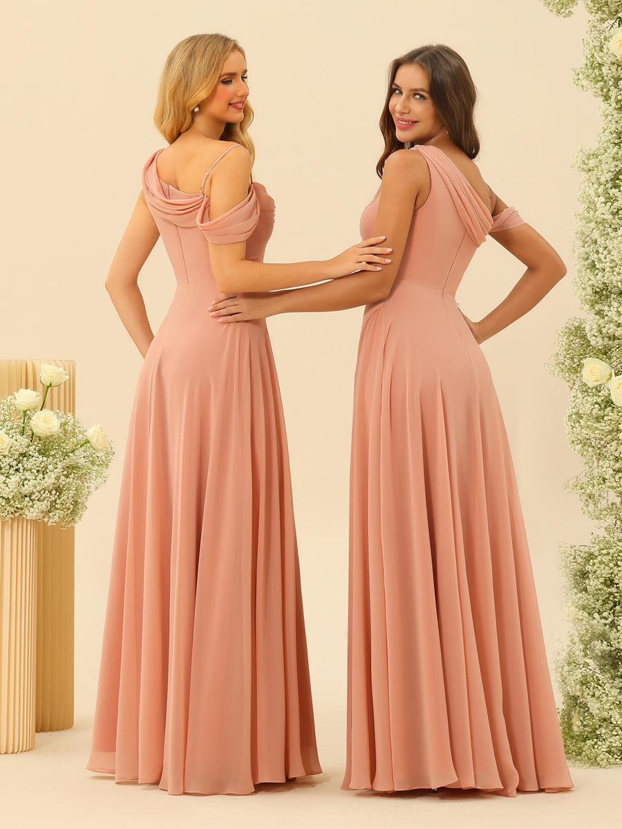 A-Line/Princess Cowl Neck Floor-Length Chiffon Long Bridesmaid Dresses with Split Side