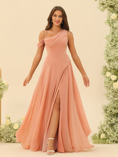 A-Line/Princess Cowl Neck Floor-Length Chiffon Long Bridesmaid Dresses with Split Side