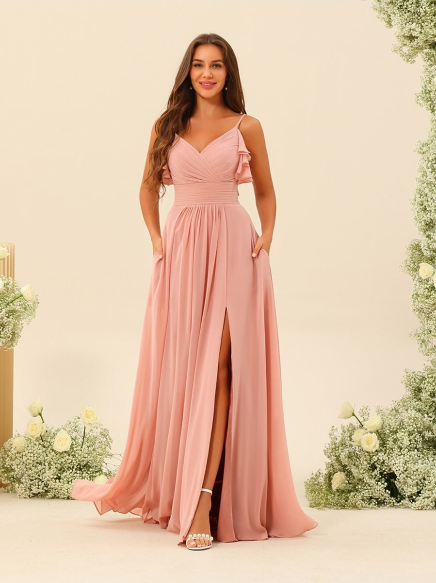 A-Line/Princess Spaghetti Straps Floor-Length Ruched Long Bridesmaid Dresses with Split Side