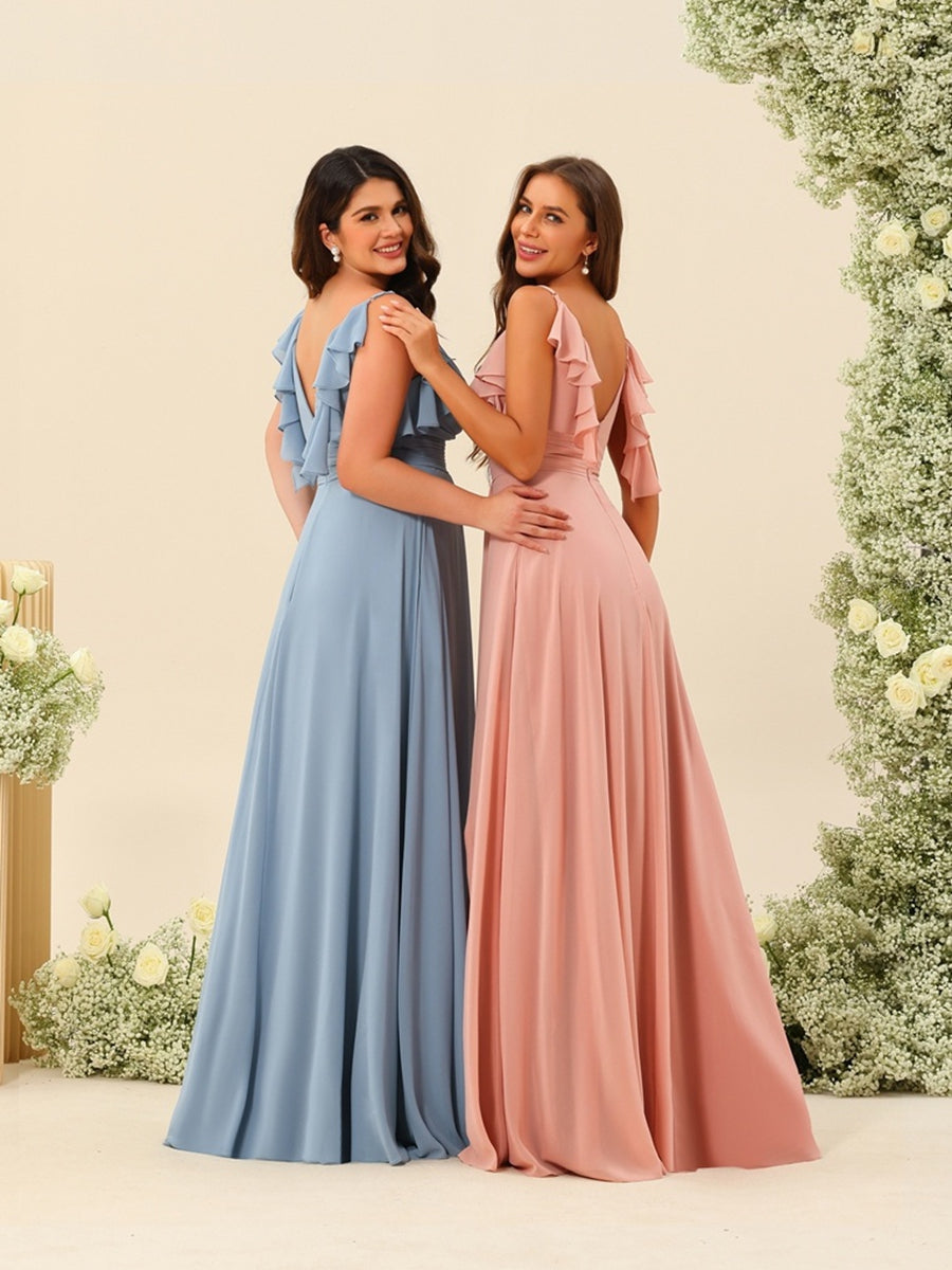 A-Line/Princess Spaghetti Straps Floor-Length Ruched Long Bridesmaid Dresses with Split Side