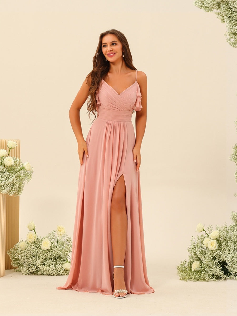 A-Line/Princess Spaghetti Straps Floor-Length Ruched Long Bridesmaid Dresses with Split Side