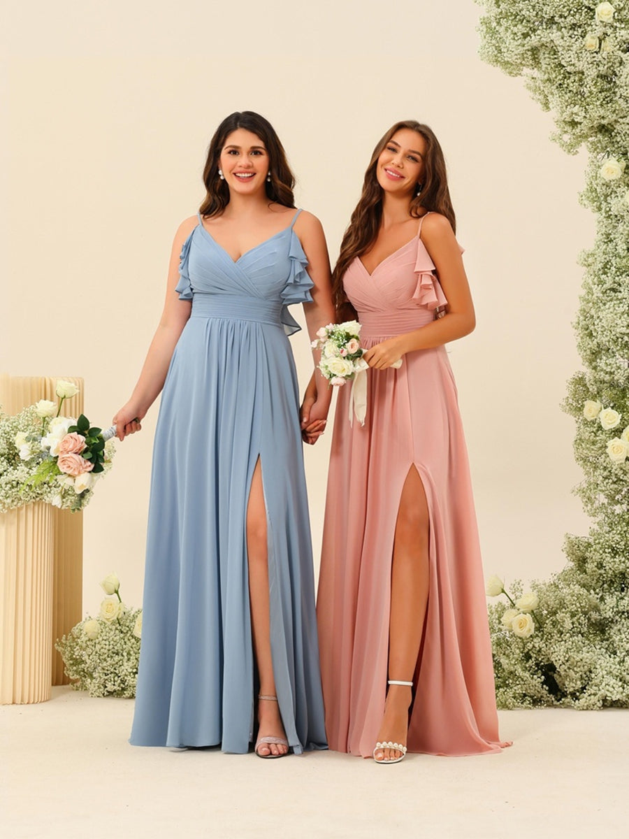 A-Line/Princess Spaghetti Straps Floor-Length Ruched Long Bridesmaid Dresses with Split Side